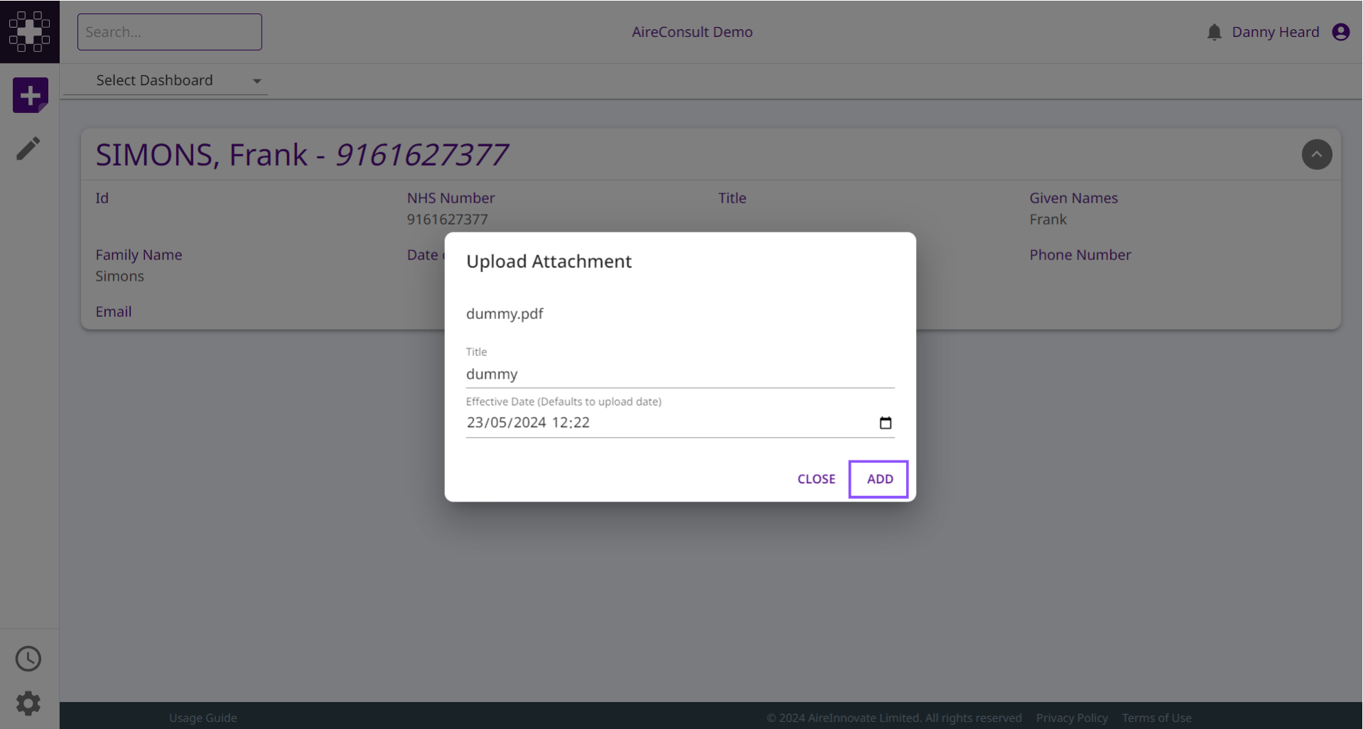 Location of the add button