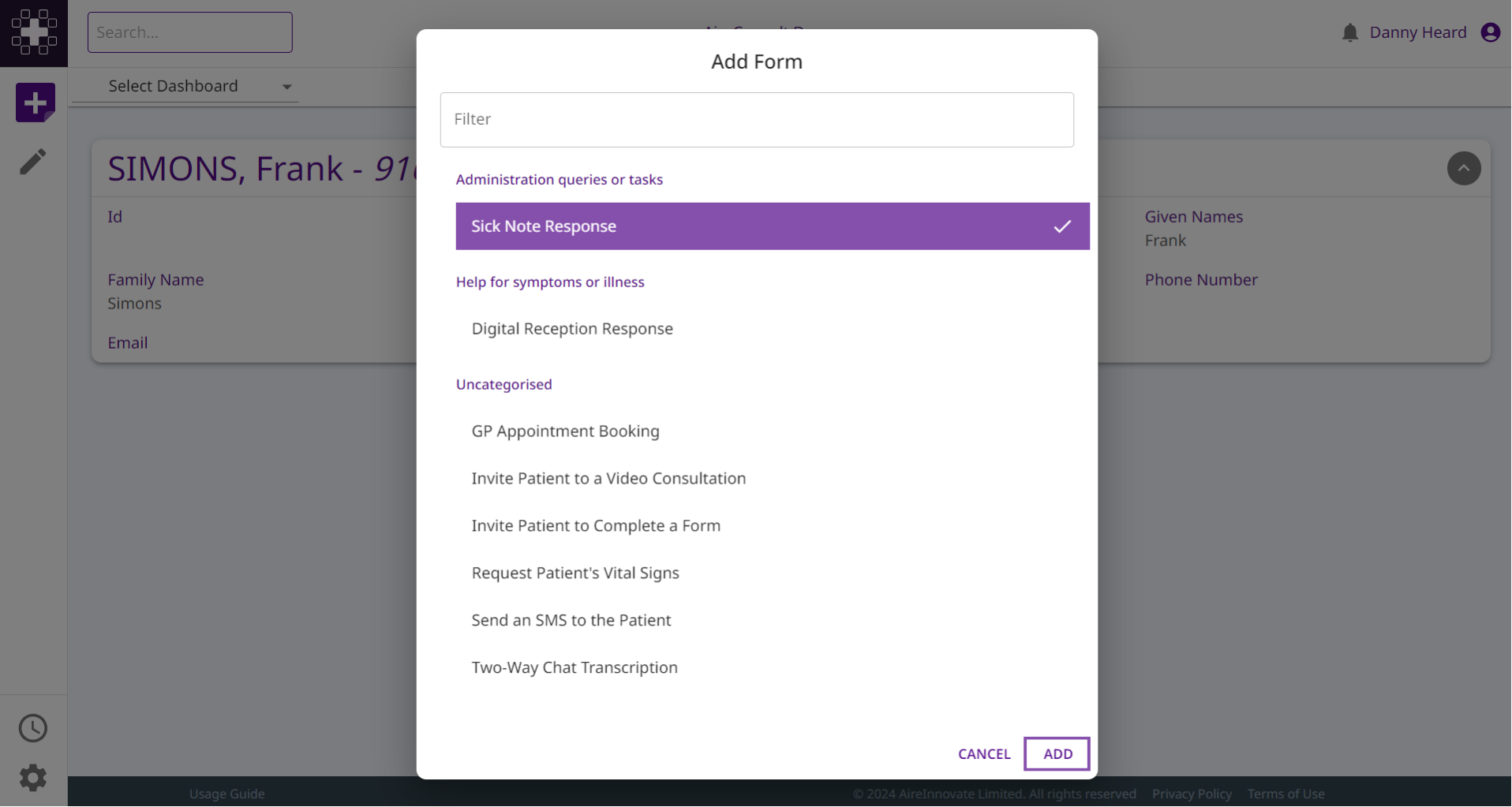 Location of the add button